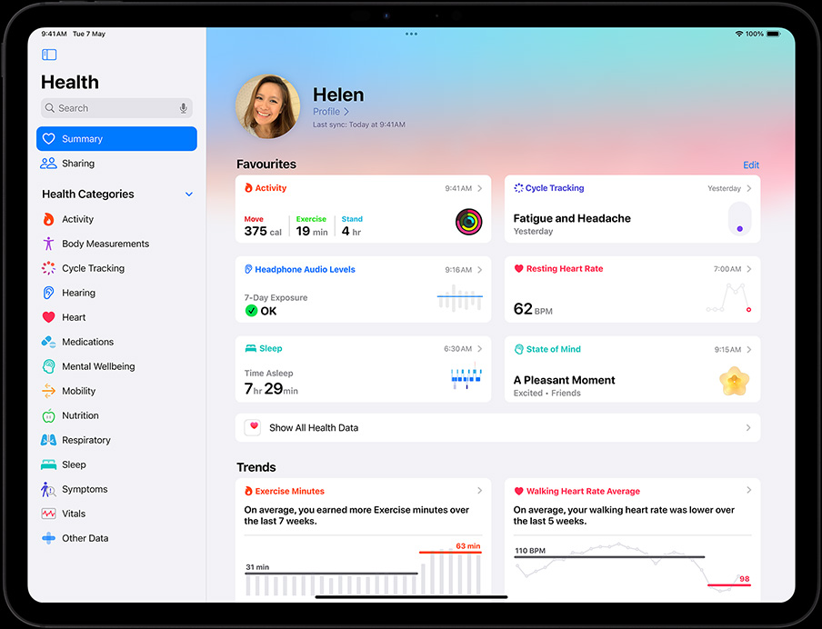 iPad Pro in landscape orientation, screen displaying user's Health app summary