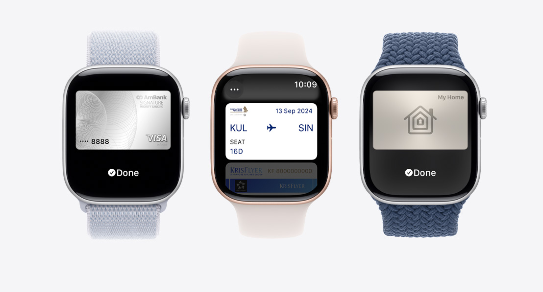 Three Apple Watch Series 10. The second shows a travel card being used with the Wallet app. The third shows a home key being used through the Wallet app.