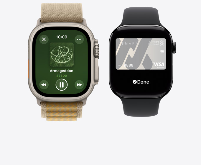 Front view of an Apple Watch Ultra 2 and Apple Watch Series 10 showing music playing.