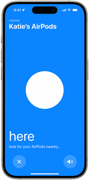 iPhone shows blue screen that appears while locating AirPods using Find My, white dot indicates location of AirPods releative to iPhone.