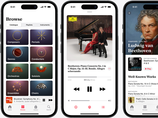 iPhone on left showing Apple Music Classical Browse tab with the Catalogue tab selected with Composers, Periods, Genres, Conductors, Orchestras, Soloists, Ensembles and Choirs categories; iPhone in middle showing Beethoven's Piano Concerto No. 1 in C Major, Op. 15: III. Rondo. Allegro scherzando playing in Dolby Atmos; iPhone on right showing Ludwig van Beethoven’s Composer page