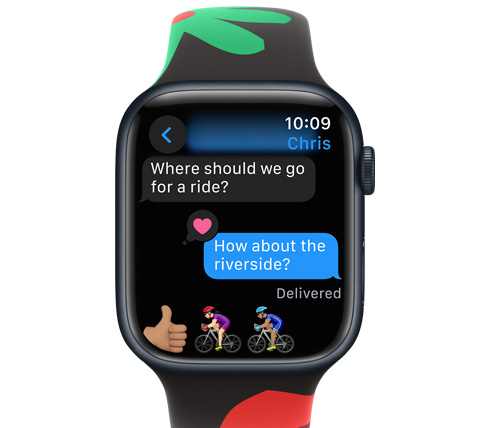 A front view of an Apple Watch with a text message.