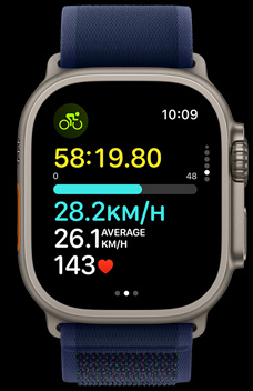 Apple Watch Ultra 2 demonstrating how fast a person is riding their bike.