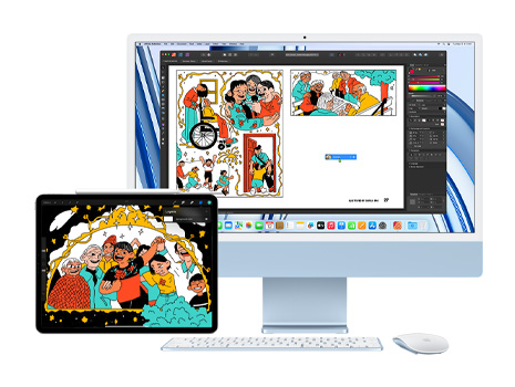 A bold and playful illustration displayed on an iPad and iMac monitor. On the iMac, the illustration is within a creative application.