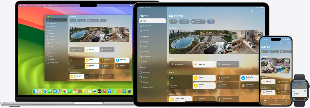 The Home app UI displayed on Mac, iPad, iPhone, and Apple Watch.