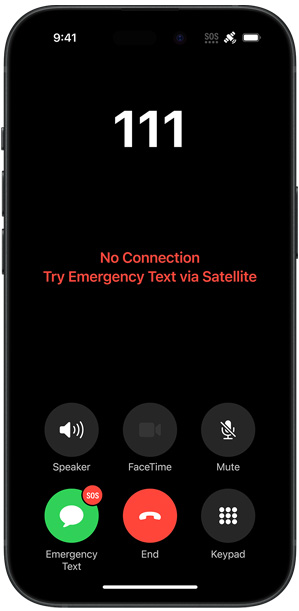 An iPhone showing the message "No Connection Try Emergency Text via Satellite"