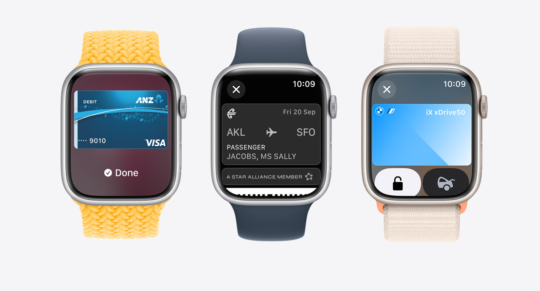 Three Apple Watch Series 10. The first shows a bank card being used with Apple Pay. The second shows a boarding pass being used with the Wallet App. The third shows an ID being used through the Wallet app.