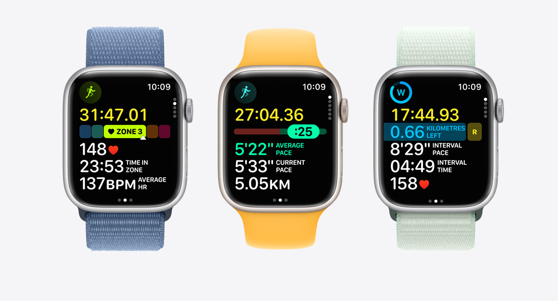 Three Apple Watch Series 10. The first shows Heart Rate Zones in a workout, the second shows Pacer, and the third shows a customised workout with intervals.