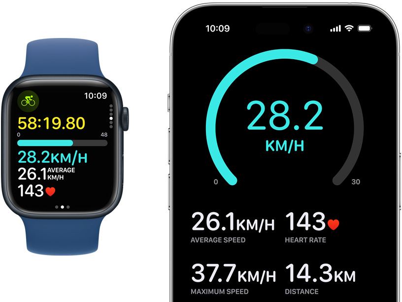 An Apple Watch and an iPhone displaying live cycling metrics