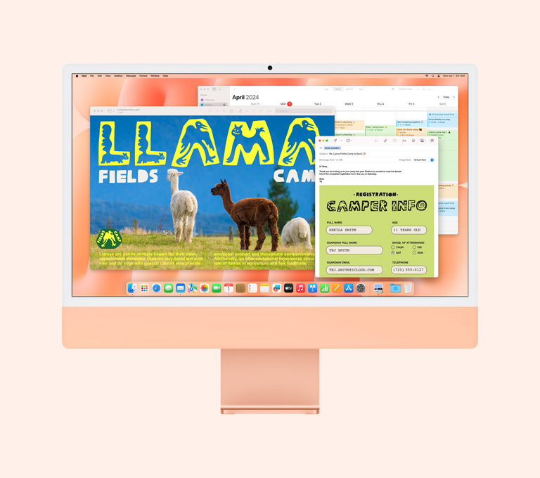 Orange iMac: Screen shows Preview, Mail, and Calendar apps in use.