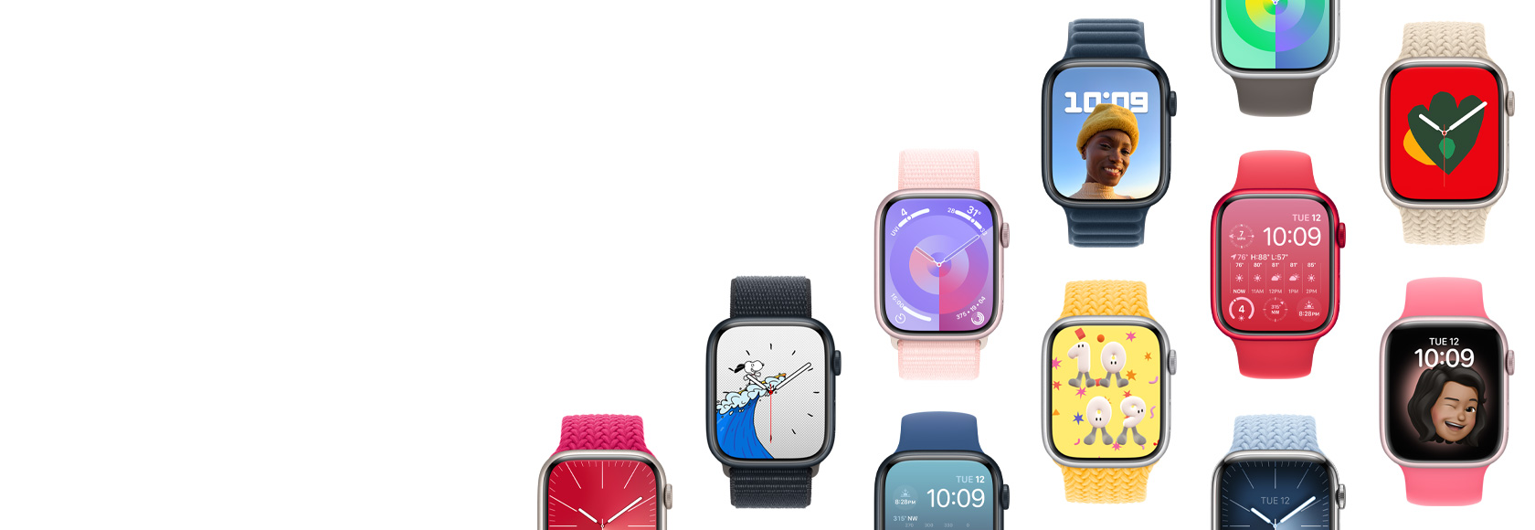 Many different case, band, and watch faces combinations to show the possibilities.