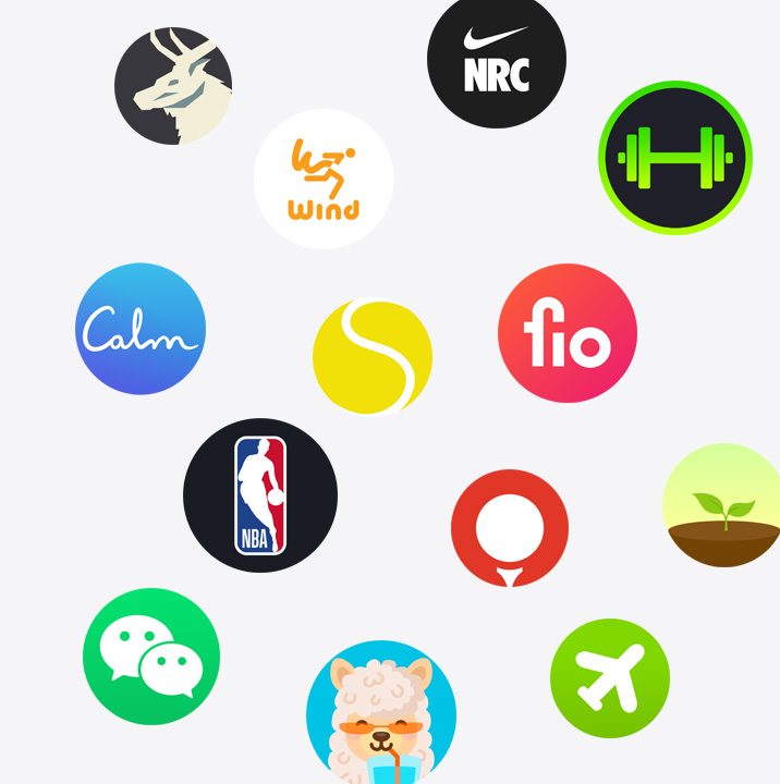 The icons of Apple Watch apps from the App Store. ChargePoint, Yelp, Nike Run Club, SmartGym, Calm, NBA, SwingVision, Oceanic+, WeChat, Waterllama, Golfshot, JetBlue, and AllTrails