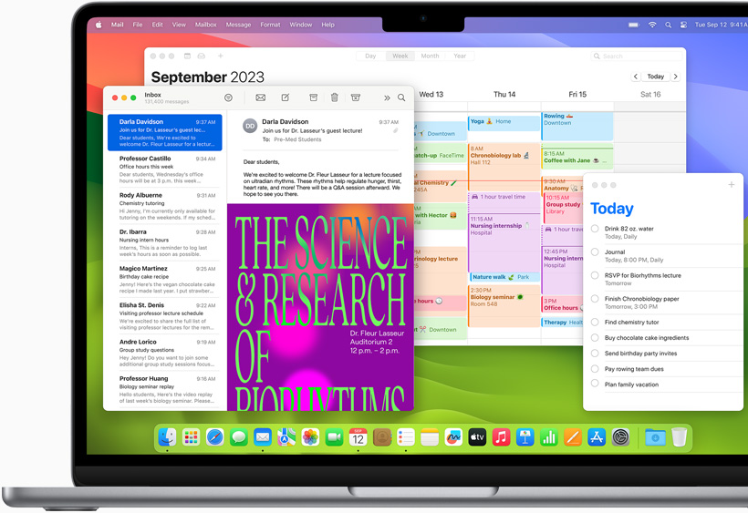 Aplikacje Poczta, Kalendarz i Przypomnienia pokazane na MacBooku Air