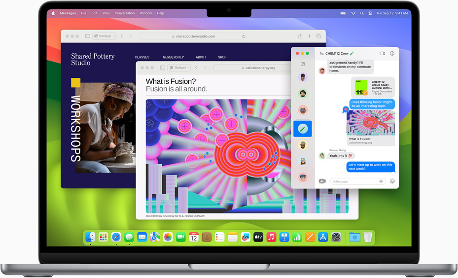 Aplikacje Safari i Wiadomości pokazane na MacBooku Air