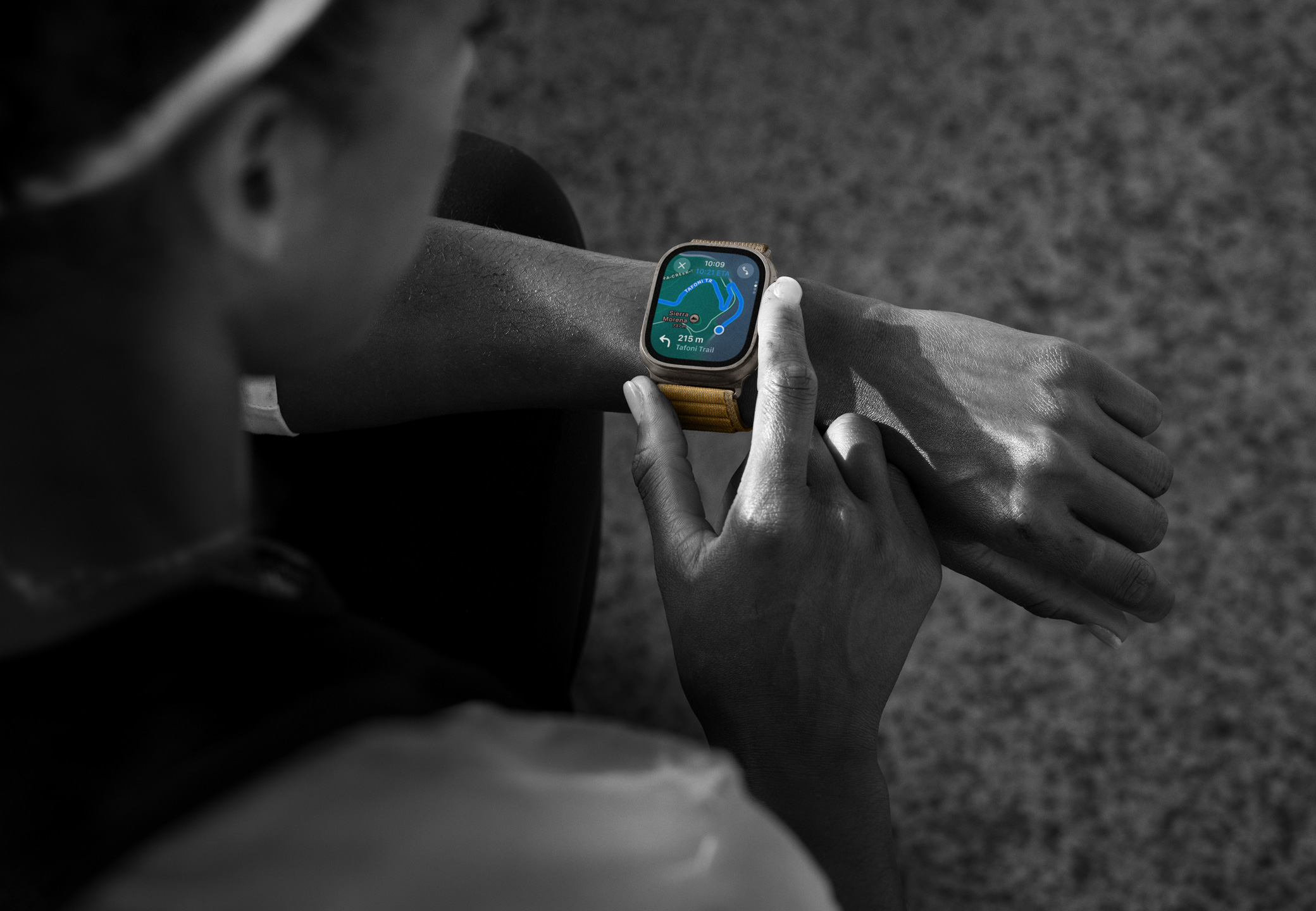 A hiker with the maps on their Apple Watch Ultra 2 providing directions.