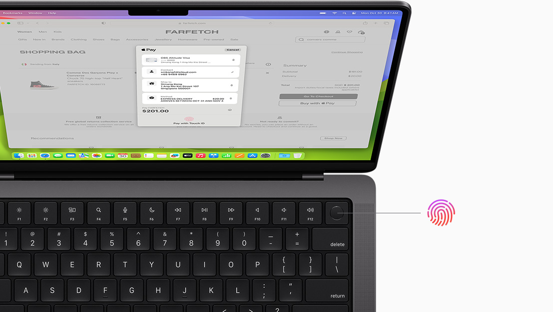 MacBook Pro screen shows an online purchase being made with Touch ID.