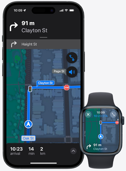 Turn-by-turn directions being shown on both iPhone 15 Pro and Apple Watch Series 9.