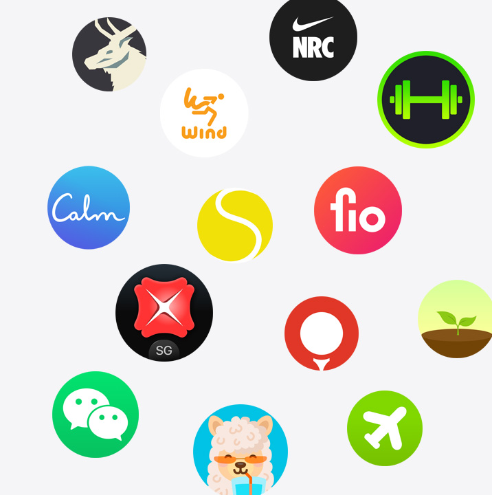 The icons of Apple Watch apps from the App Store. ChargePoint, Yelp, Nike Run Club, SmartGym, Calm, NBA, SwingVision, Oceanic+, WeChat, Waterllama, Golfshot, JetBlue and AllTrails.