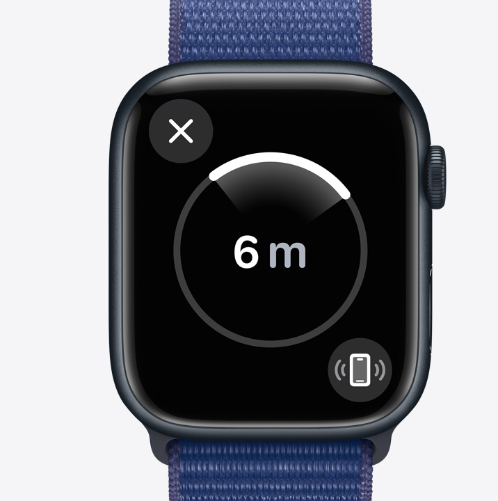 The Precision Finding screen on an Apple Watch Series 10 showing that the watch user's iPhone is 6 metres away.