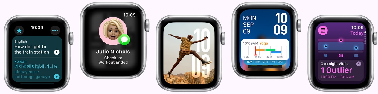 Five Apple Watch devices showing screens including Translate app, Check in app, Photos face, Modular watch face, and Vitals app