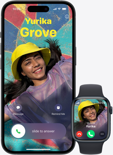 An incoming phone call can be answered on iPhone or Apple Watch.