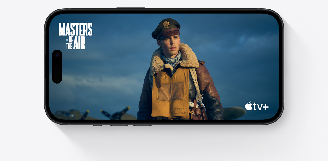 A horizontal iPhone 15 displays a scene from the hit AppleTV+ show, Masters of the Air.