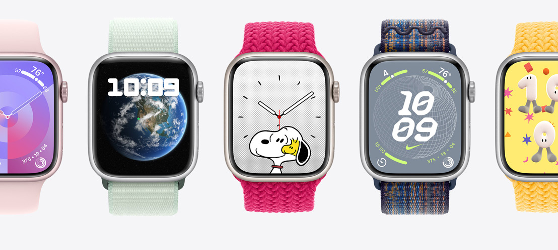 Several Apple Watch screens including a Reflections face and a Snoopy face.