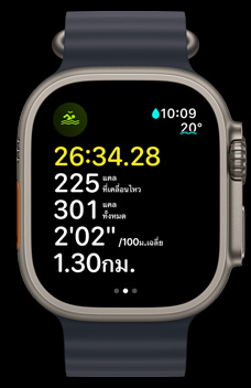 Apple Watch Ultra 2 สาธิตการว่ายน้ำในแหล่งน้ำเปิดโดยมีการแสดงเวลา แคลอรี่ และเพซ