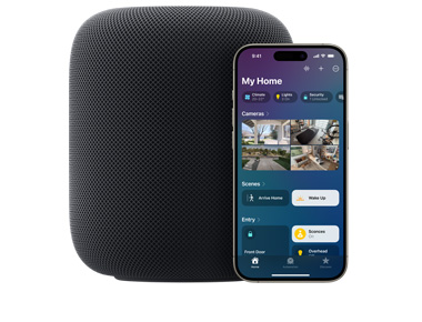 HomePod สีมิดไนท์พร้อม iPhone ที่แสดง UI 'บ้านของฉัน' ในแอปบ้าน