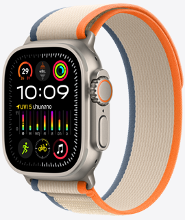 Apple Watch Ultra 2 พร้อมตัวเรือนไทเทเนียมดำ และสายแบบ Trail Loop สีดำ