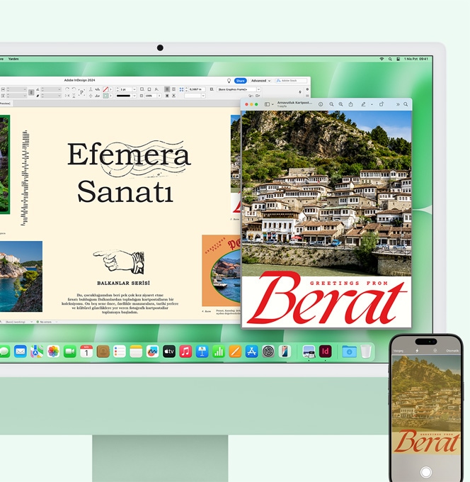 Bir iPhone bir belgeyi tarıyor ve taranan belge anında bir iMac ekranında görünüyor.