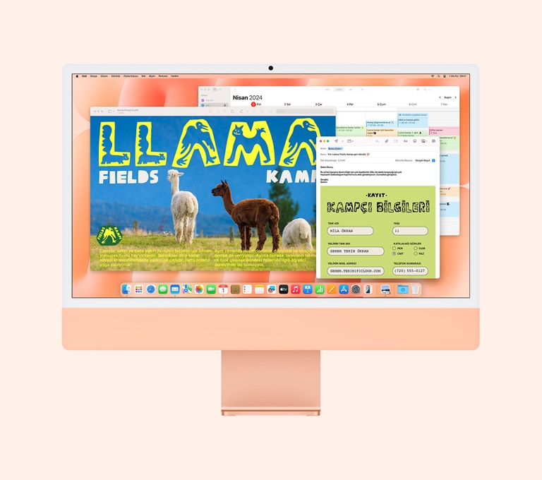 Orange iMac: Screen shows Preview, Mail, and Calendar apps in use.