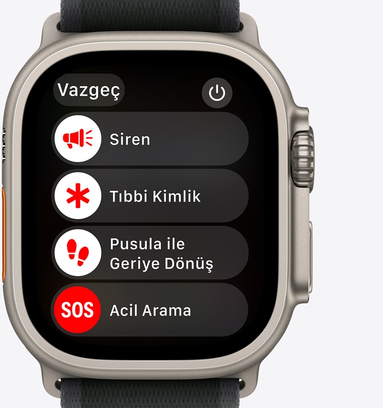 Siren, Tıbbi Kimlik, Pusula ile Geriye Dönüş ve Acil Arama düğmelerini gösteren Apple Watch Ultra 2’nin önden görünümü.