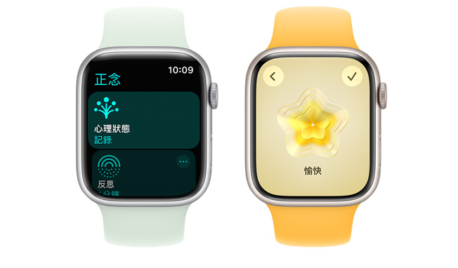 Apple Watch 正面圖，螢幕顯示一張可以點按的圖像，讓你識別並記錄你當下的心情。