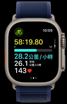 Apple Watch Ultra 2 展示某人騎自行車的速度。