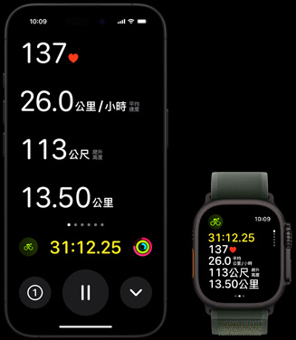 即時動態在 Apple Watch Ultra 2 和 iPhone 上顯示某人的自行車測量指標。