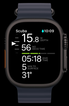 Apple Watch Ultra 2 螢幕顯示 Oceanic+ app。