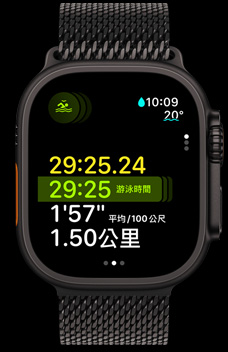 Apple Watch Ultra 2 的多運動訓練功能，顯示游泳時間、配速與距離。