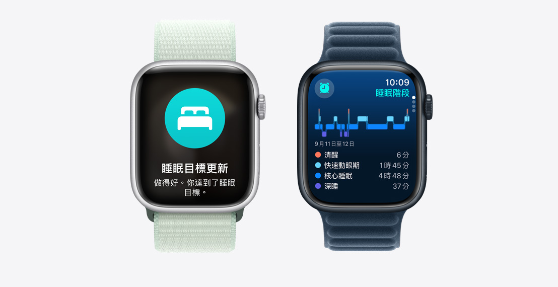 兩隻 Apple Watch Series 10。第一隻錶顯示睡眠階段資料。第二隻錶顯示睡眠目標更新。