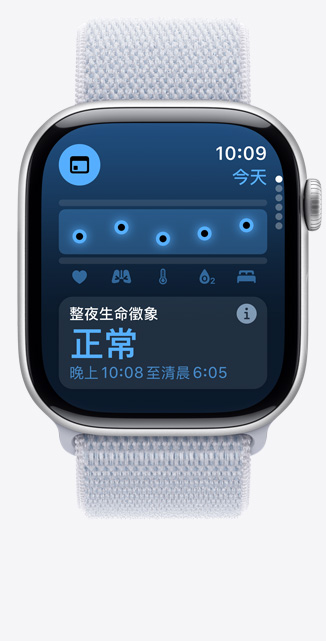 Apple Watch Series 10 上生命徵象 app 畫面的正面圖，顯示整夜健康測量指標正常