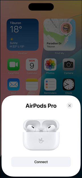 MagSafe Charging Case holding AirPods Pro next to iPhone. Small tile on iPhone home screen displays pop-up with connect button that easily pairs AirPods when tapped.