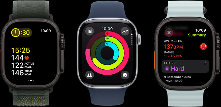 Three Apple Watches with workout metrics, Activity rings, and post-workout insights on screen