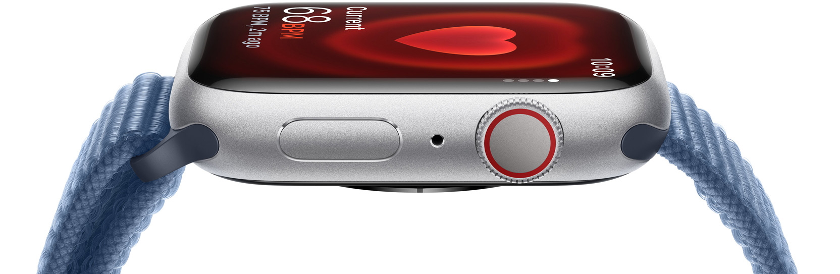 A side view of Apple Watch demonstrating someone’s heart rate.