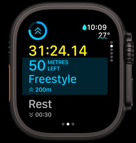 What’s Up Next screen shows the distance left in a freestyle swim.