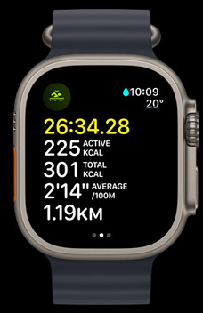 Apple Watch Ultra 2 demonstrating an open water swim with the time, calories and pace.