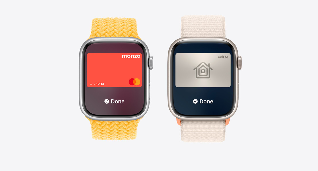 Three Apple Watch Series 9. The first shows Apple Card being used with Apple Pay. The second shows a transit card being used with the Wallet App. The third shows a home key being used through the Wallet app.