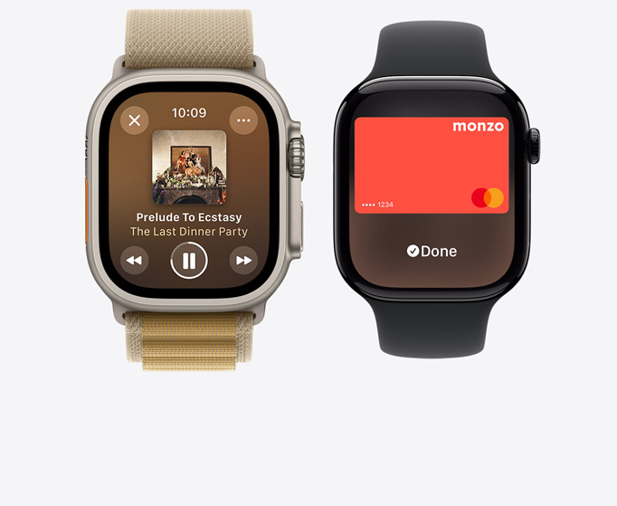 Front view of an Apple Watch Ultra 2 and Apple Watch Series 10 showing music playing and the Apple Card.