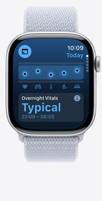 Front view of a Vitals app screen on Apple Watch Series 10 showing that overnight health metrics are typical