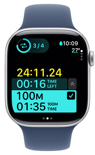 An Apple Watch screen displays the timing of a custom pool swim workout