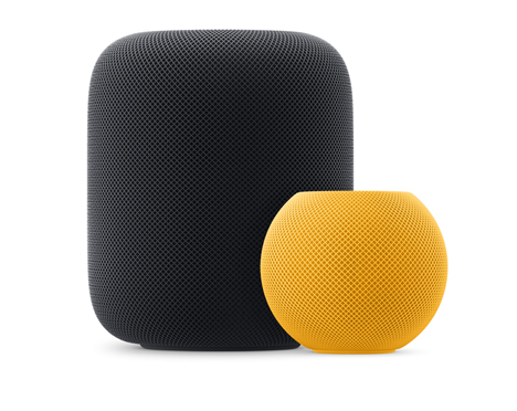 Ein HomePod in Mitternacht und ein HomePod mini in Gelb nebeneinander